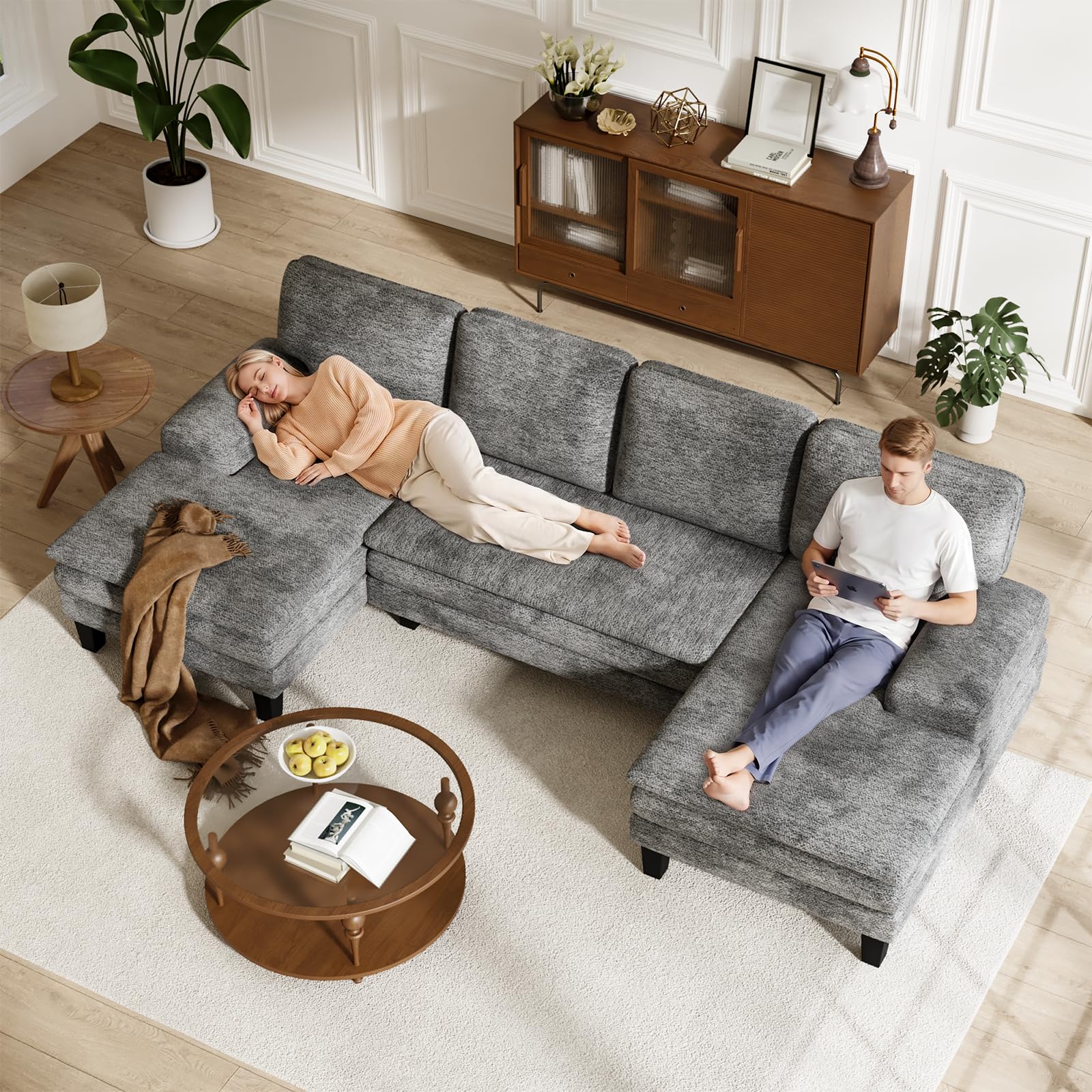 Txtin's U-Form Sofa 4-Sitzer, Ecksofa mit Schlaffunktion, Couch mit Chenille-Stoff, Big Sofa für Wohnzimmer, 279 x 114 x 80 cm, Grau