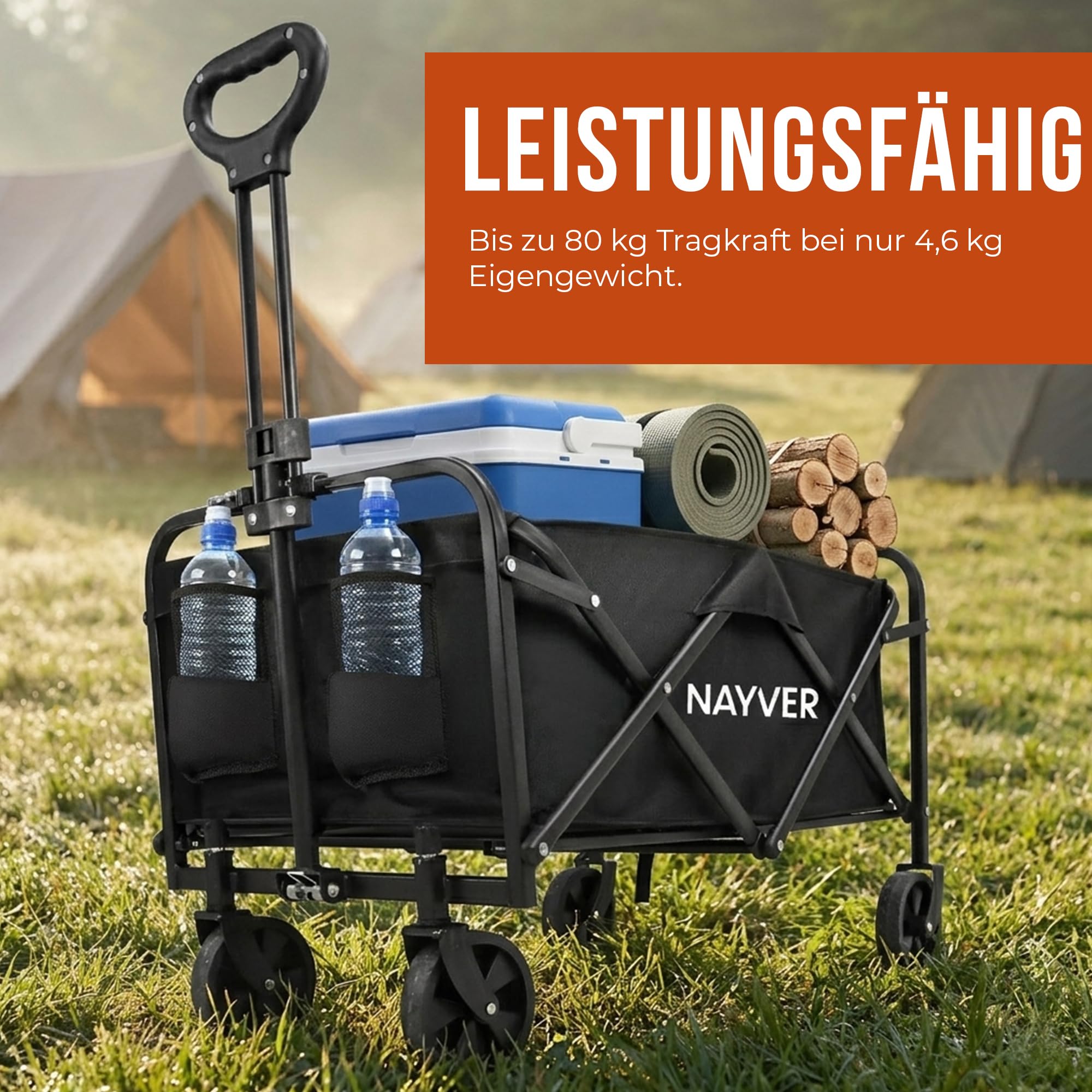 Faltbarer Bollerwagen Camping Trolley Handwagen | Bis 80kg Tragkraft, 60L Volumen, 360° Rädern, 600D Oxford & Stahlrahmen, Für Camping, Angeln & Festivals