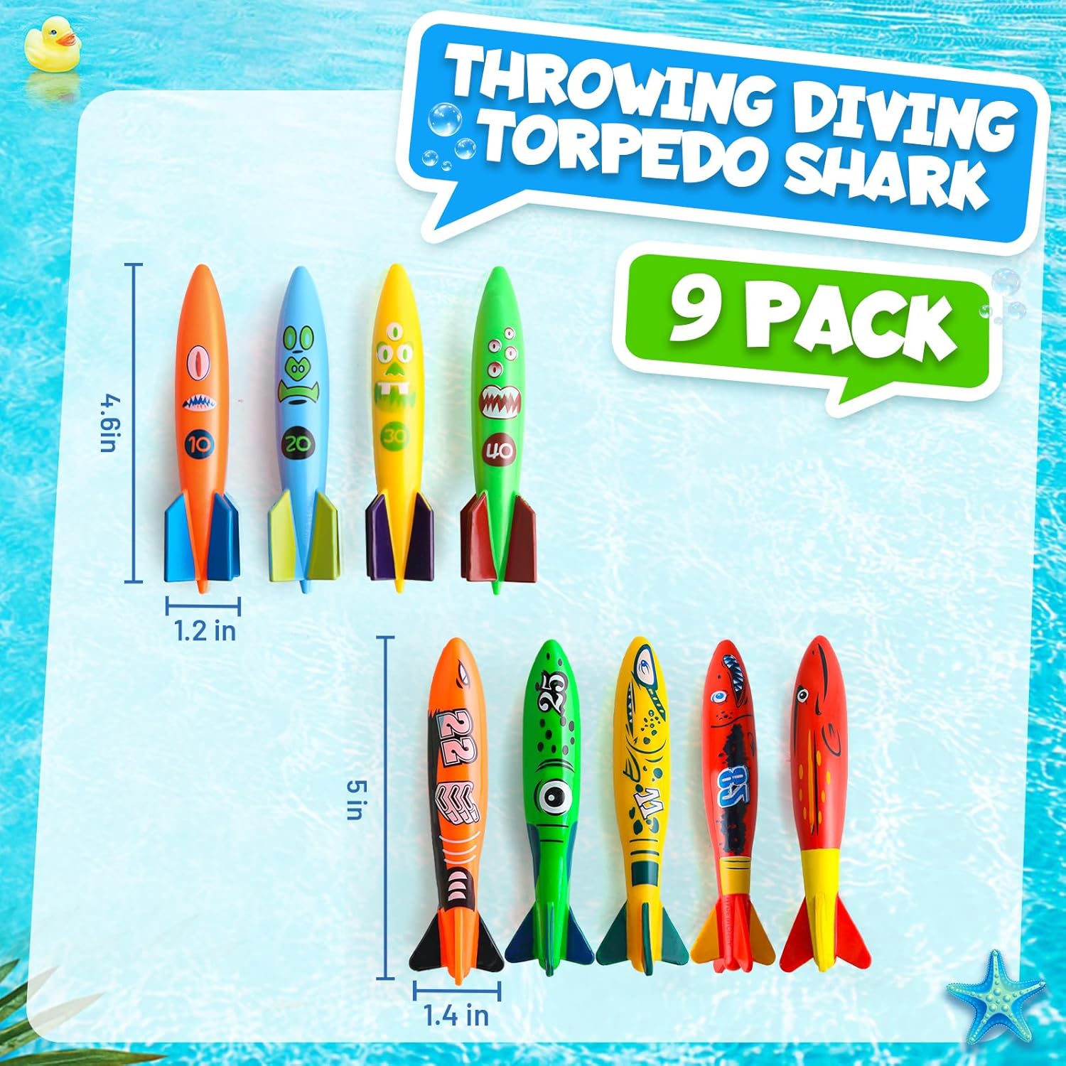 Dive Rings Pool Toys Adults, 9 Pcs Diving Pool Toy for Kids Ages 4-8, Shark Torpedo Dive Set, Octopus Toddler Water Fun Toys, Summer Essentials Underwater Swimming Throwing Gifts for Boys & Girls