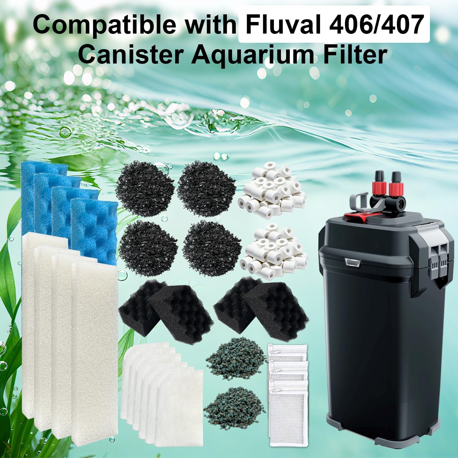 44-Piece Canister Filter Media Kit Replacement for Fluval 406/407 Canister Filter - Includes Carbon, Ammonia-Absorbing Pad, Sponges（2 Sets）