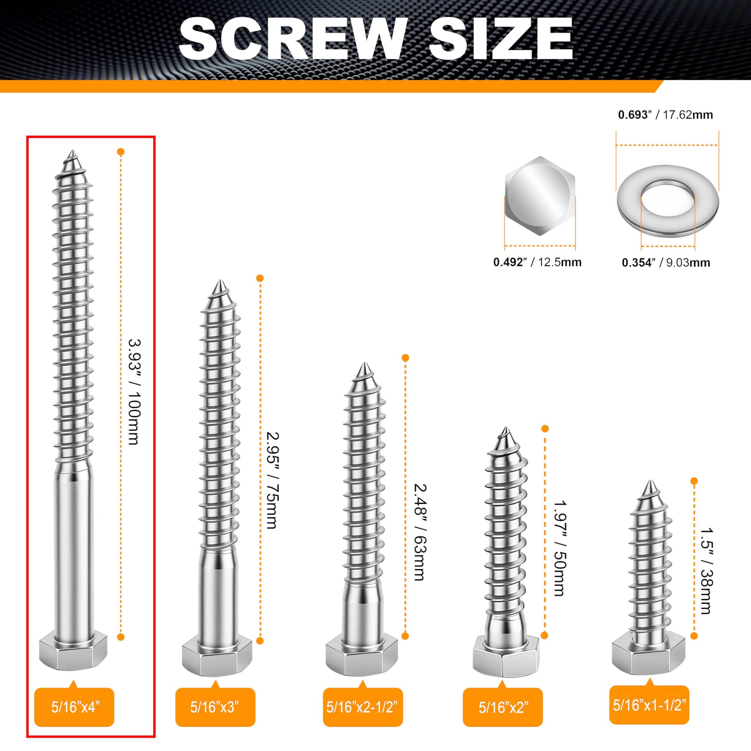 15 tornillos de cabeza hexagonal de 5/16 x 4 pulgadas para madera, pernos de cabeza hexagonal, tornillo de madera resistente 18-8 de acero inoxidable 304 con arandelas planas (15, 5/16 x 4