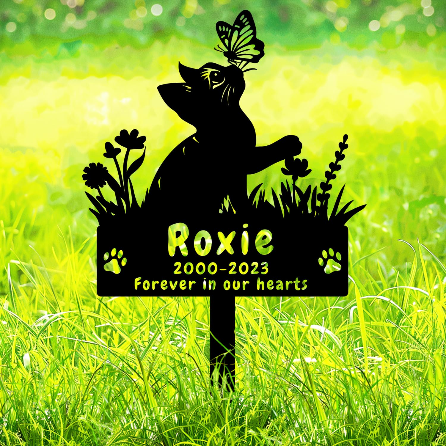Custom Butterfly Cat Memorial Stake Metal Garden Sign with Stake, Personalized Flowers Cat Memorial Grave Marker Cat Garden Decor Yard Sign Loss of Cat Sympathy Remembrance Stake with Paws