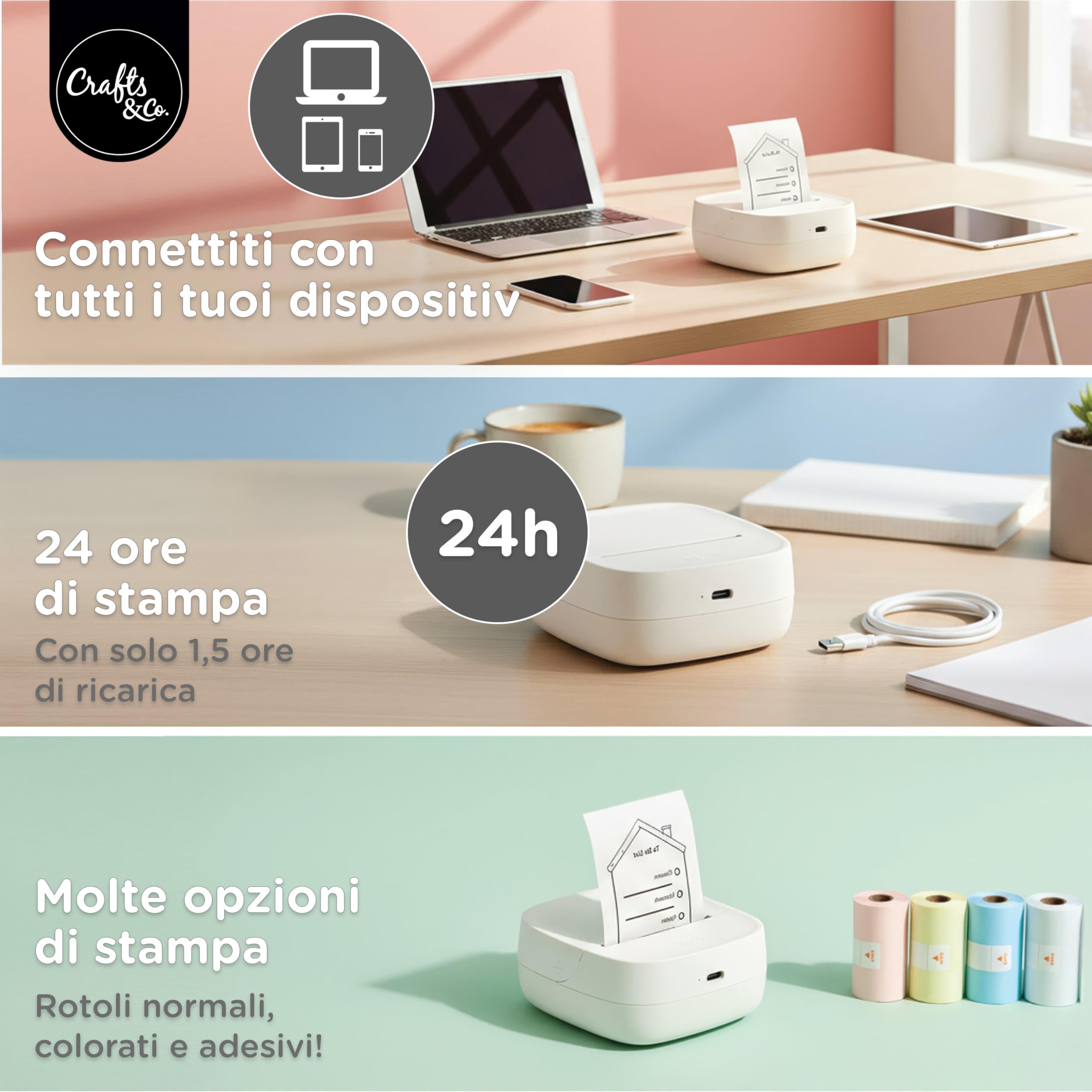 Crafts&Co Mini stampante tascabile | stampante portatile Bluetooth per smartphone adesivi e appunti, stampante termica senza inchiostro, dimensioni 8 x 8 x 3 cm, colore bianco