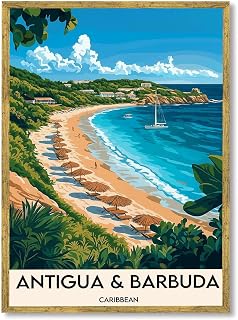 Antigua and Barbuda Poster Canvas Print Art Print, Modern Beach Landscape Wall Art, Exquisite Painting Pictures for Home Decor, Stylish Wall Decoration for Living Room Bedroom (Black Framed,12L X16W)