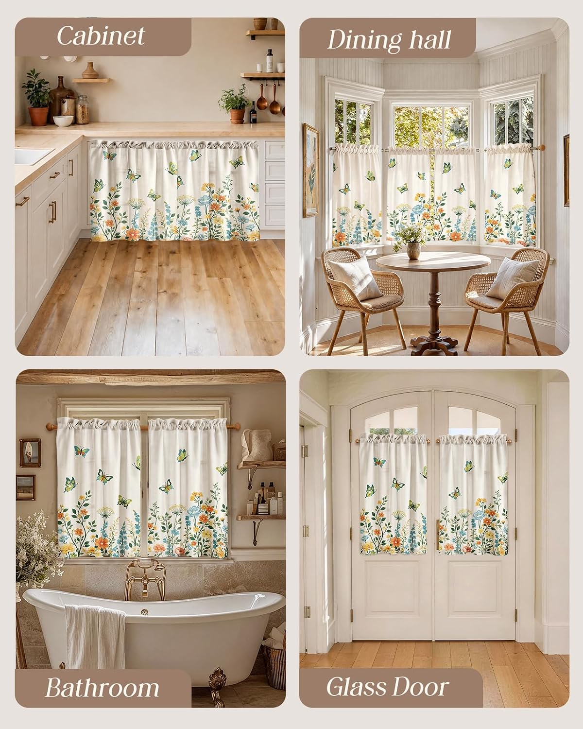Miss Adola Butterfly Kitchen Tier Curtains - 36 Inch Length Linen Blend Boho Cafe Curtains Farmhouse Small Window Treatments Over Sink Rod Pocket for Bathroom Living Room Light Filtering, 2 Panels