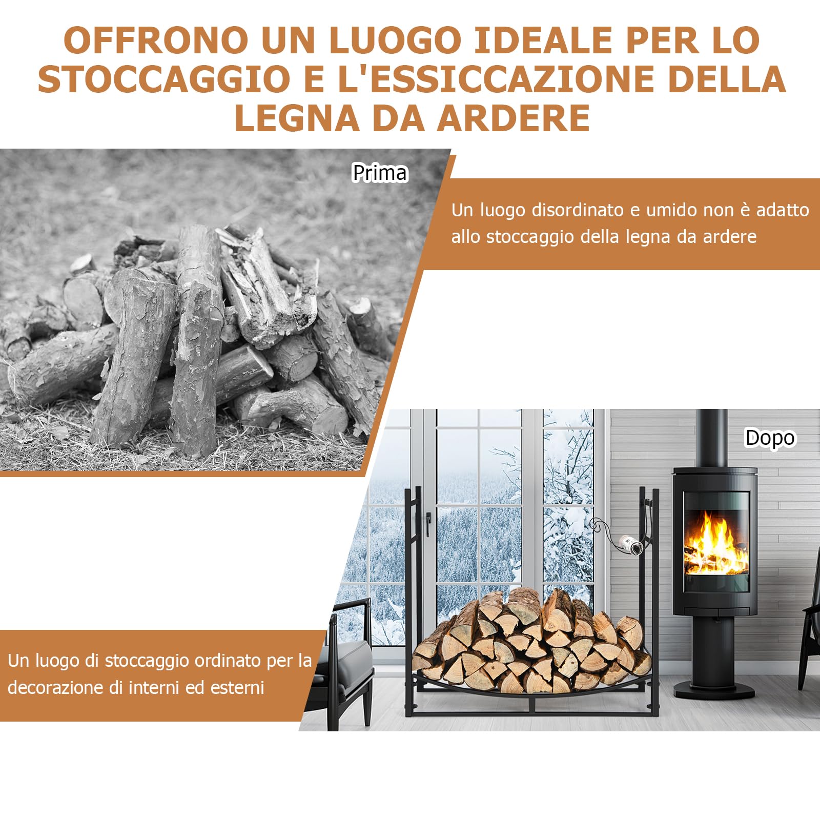 GYMAX Porta Legna da Ardere, Portalegna da Interno Esterno con Supporti per Accendifuoco Staccabili, Portalegna Robusto in Acciaio Facile da Montare, 83 x 33 x 77 cm, Nero