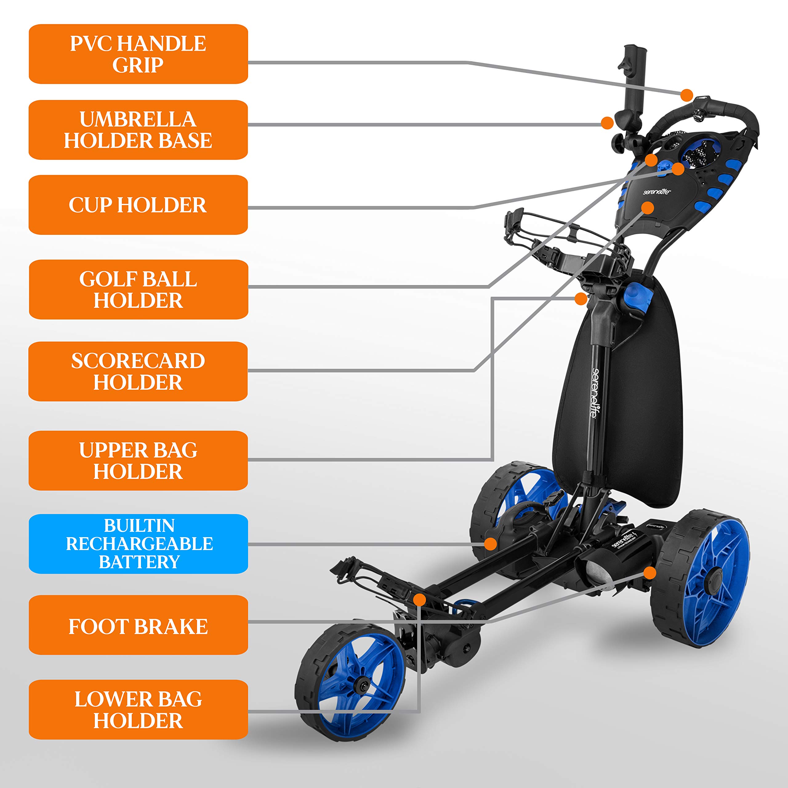 SereneLife 3Wheel Electric Golf Push Cart Rechargeable Lightweight
