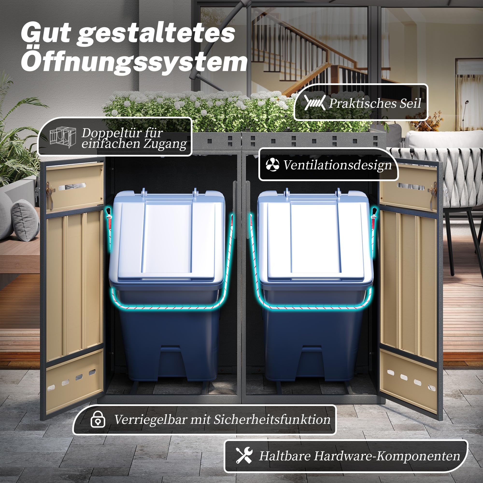 Mülltonnenbox 4er mit Pflanzdach und Türfüllung in Holzoptik 120-240 L, Mülltonnenboxen Mülltonnenverkleidung ist EIN Griff mit Schlüssel Angebracht, Gartenmöbel Müllcontainer, Grau+Holzfarbe