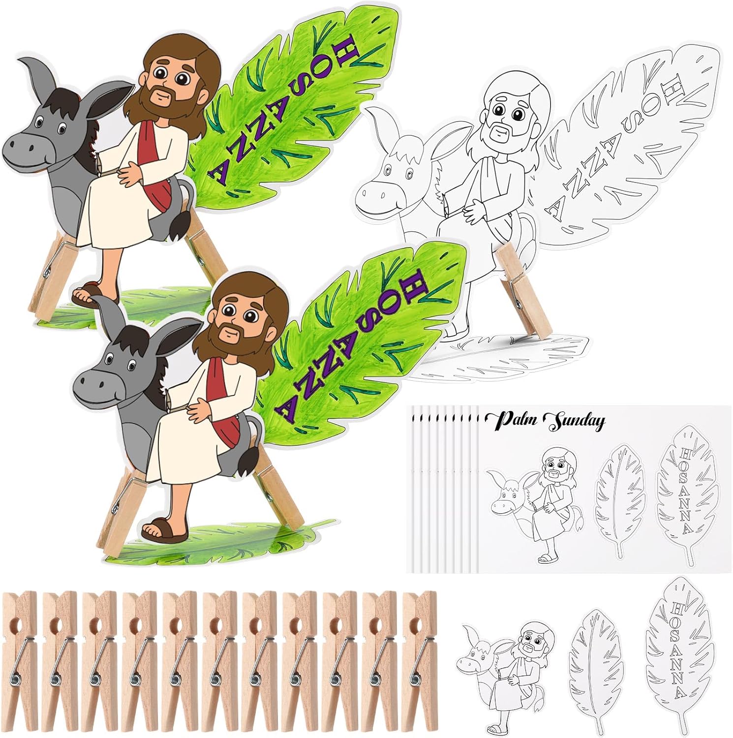 Soulchen 30 Sets Easter Craft Kits Palm Sunday Crafts Religious Palm Decorations Christian Jesus Sunday School DIY Coloring Kits Including 30 Hosanna Cards Printed with Jesus and Donkey and 60 Clips