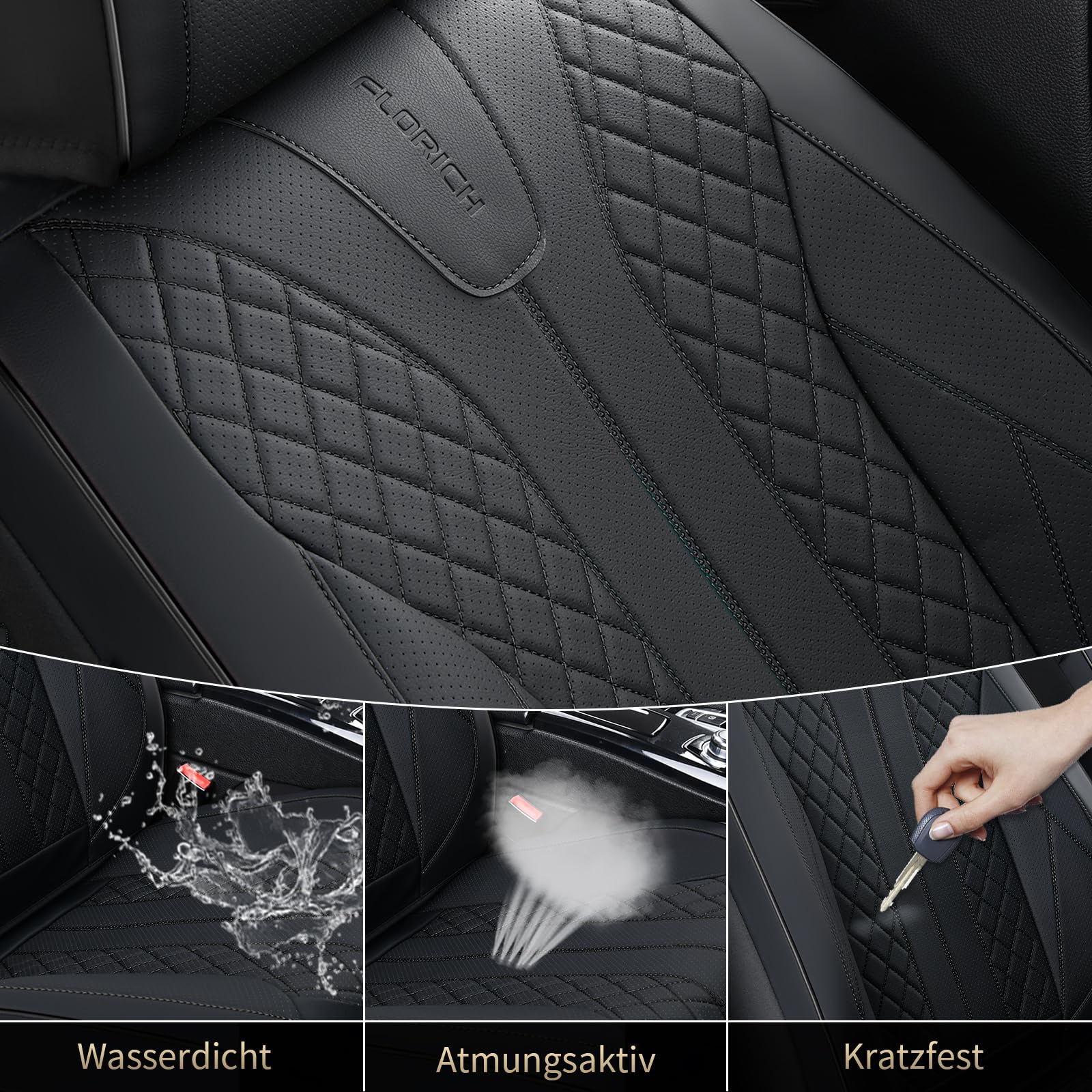 FLORICH Fundas Universales para Asientos de Coche para los Asientos Delanteros y Traseros, Fundas de Cuero Impermeables, Aptas para la Mayoría de Turismos, SUV (Juego Completo, Negro)