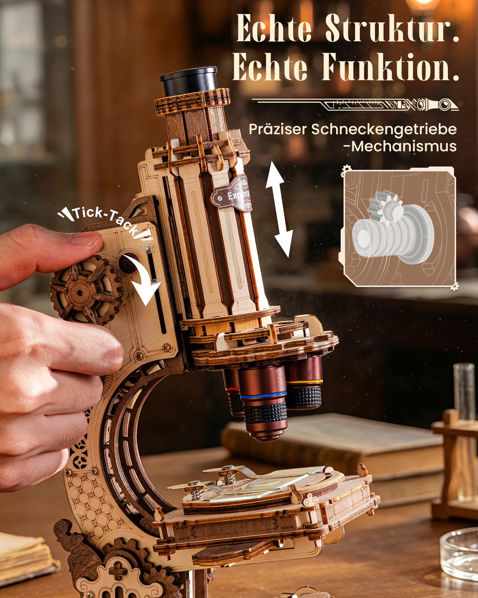 Robotime Mikroskop-Modellbausatz für Erwachsene, 260-teiliges 3D-Puzzle aus Holz mit 40x/100x/400-facher Vergrößerung, Arbeitswissenschaftsmodell für STEM-Lerner, mechanisches Display, Geschenk für