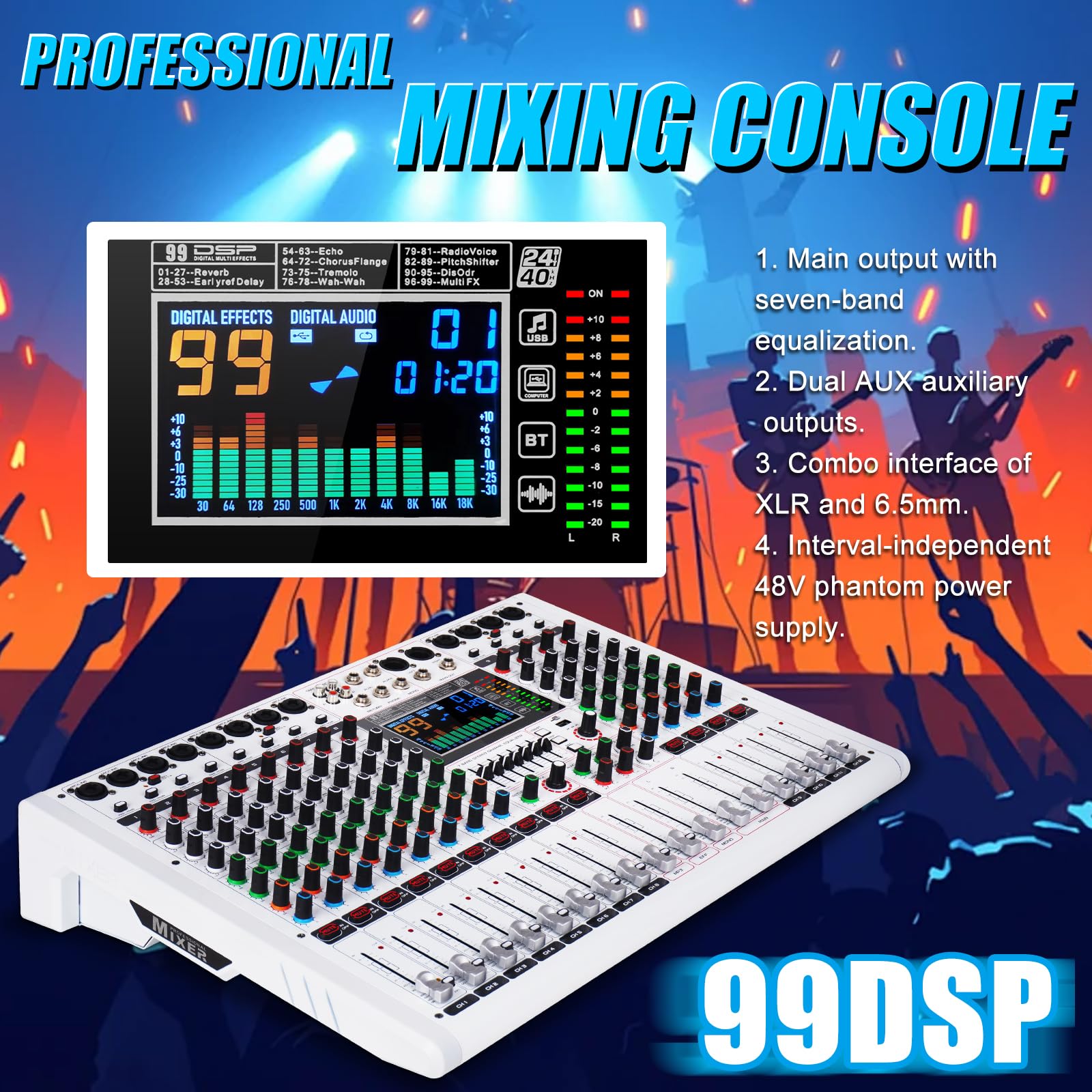 GF12 Console de mixage multifonctionnelle à 12 canaux avec grand écran LCD couleur pour performance sur scène, isolation, mute indépendant, égaliseur à 7 niveaux et 99 effets de réverbération