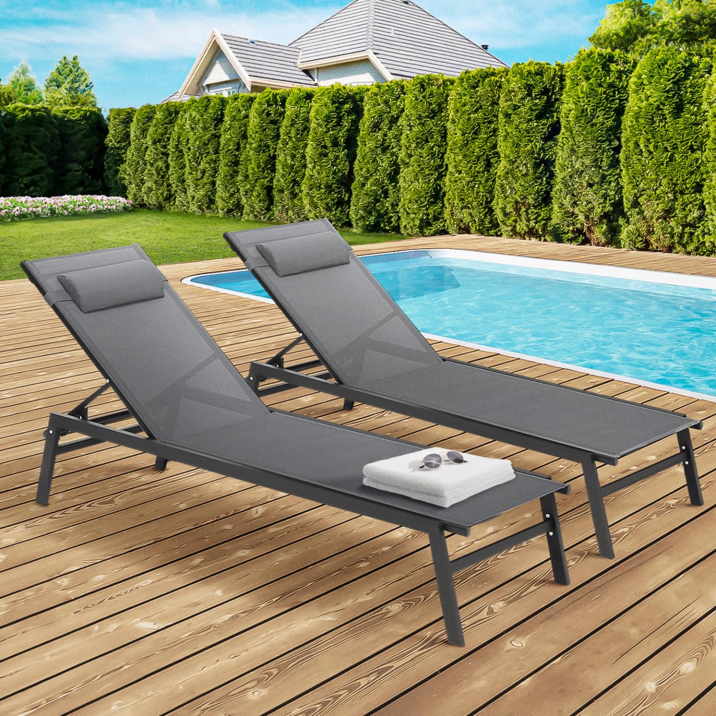 IDMarket - Juego de 2 tumbonas de jardín reclinables de aluminio Sintra gris antracita y negro