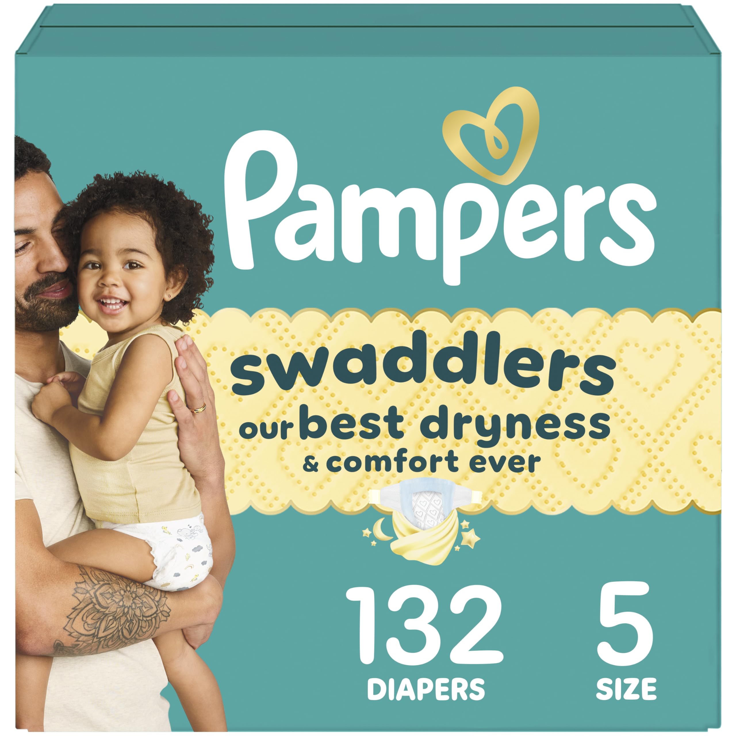 pampers swaddlers diapers size 5 20-37 lbs 132 count absorbent keeps baby dry and comfortable skin safe disposable baby diaper packaging may vary