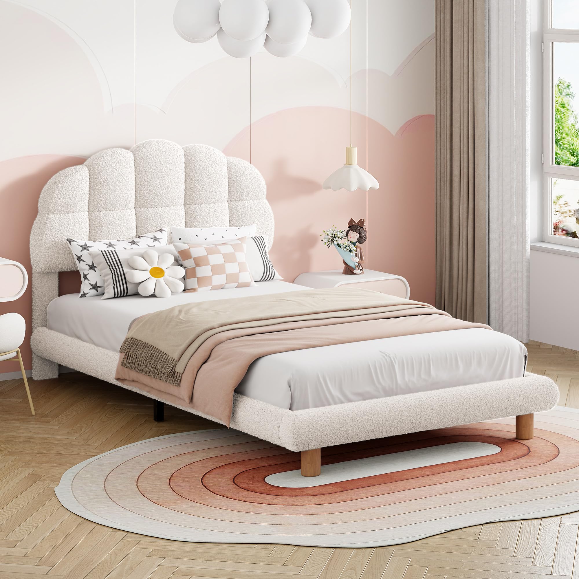 Mädchen Kinderbett 90x200cm mit Verstellbares Kopfteil, Einzelbett Polsterbett Bettgestell mit Lattenrost aus Holz, Einfache Montage, Kreisvlies, Ohne Matratze
