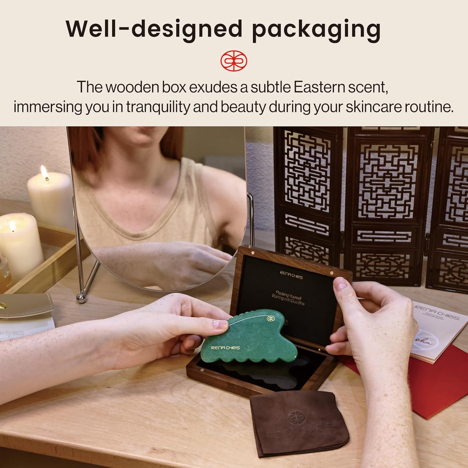 Rena Chris Gua Sha Facial Tool, Natural Jade Stone Body Gua sha with Exquisite Wooden Box, Large Guasha Suitable for Face Lifting, Puffiness Reducing and Whole-Body Massage, Skin Care Massager - Image 3