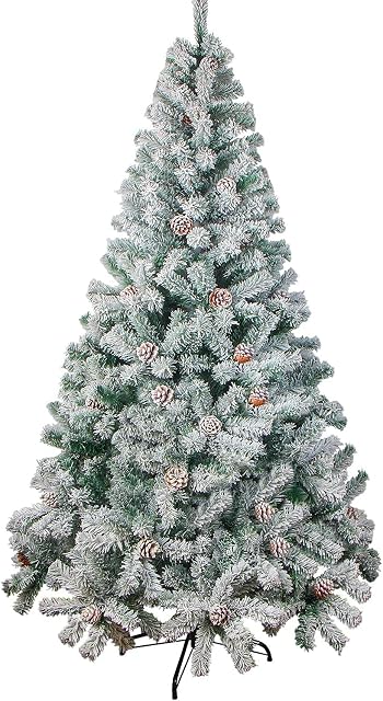 LOKIPA Snow Flocked Christmas tree,6ft Artificial Christmas Tree with Pine Cones and 700 Flocked Tips for Christmas Decorations