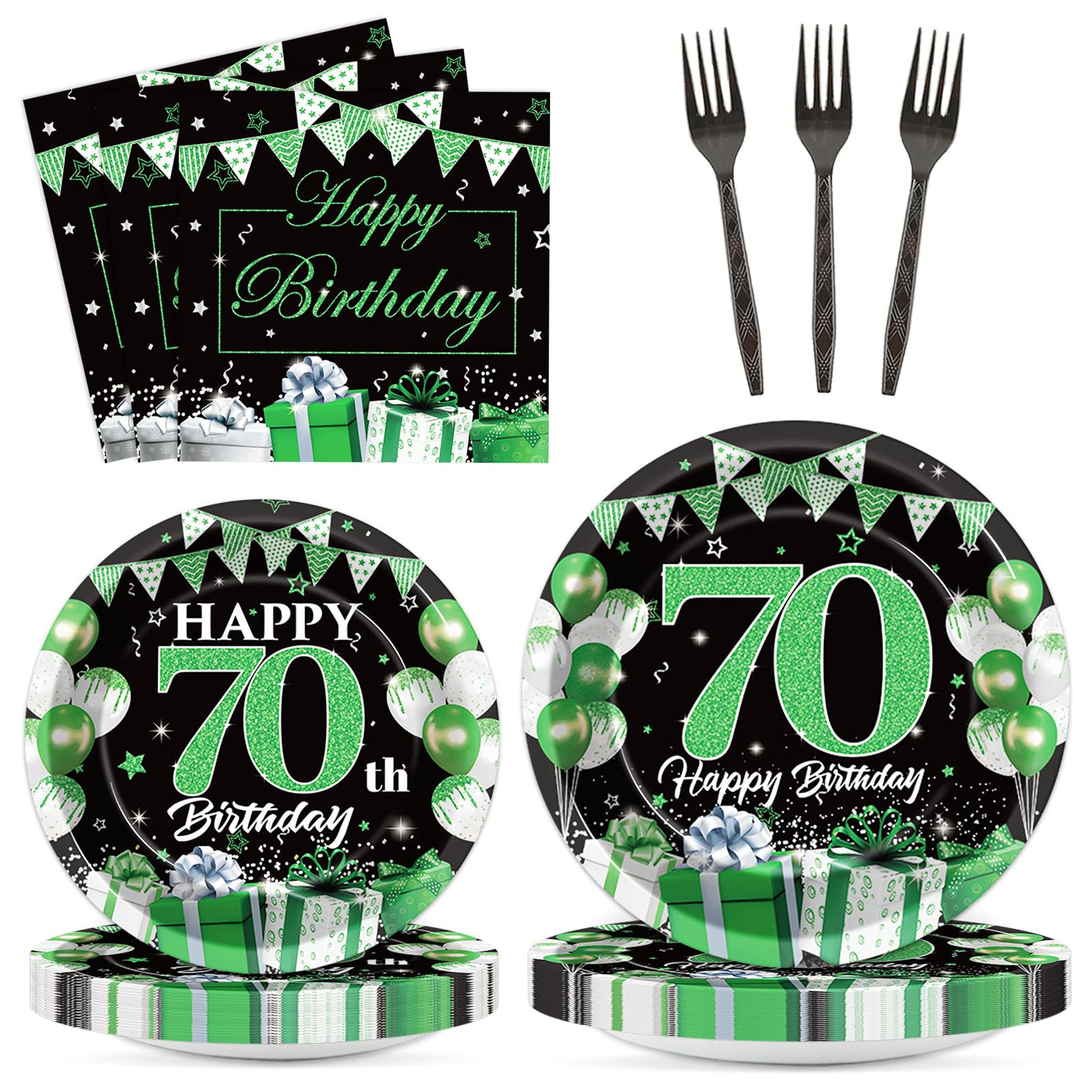 OBUSATT 96Pcs 70th Birthday Party Supplies Green and Silver — free download