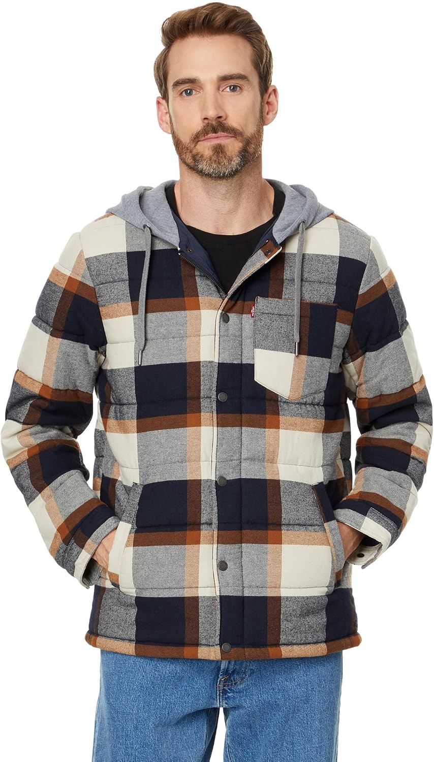 Levi's Men's Quilted Plaid Shirt Jacket Puffer with Jersey Hood, Skater Plaid, Large