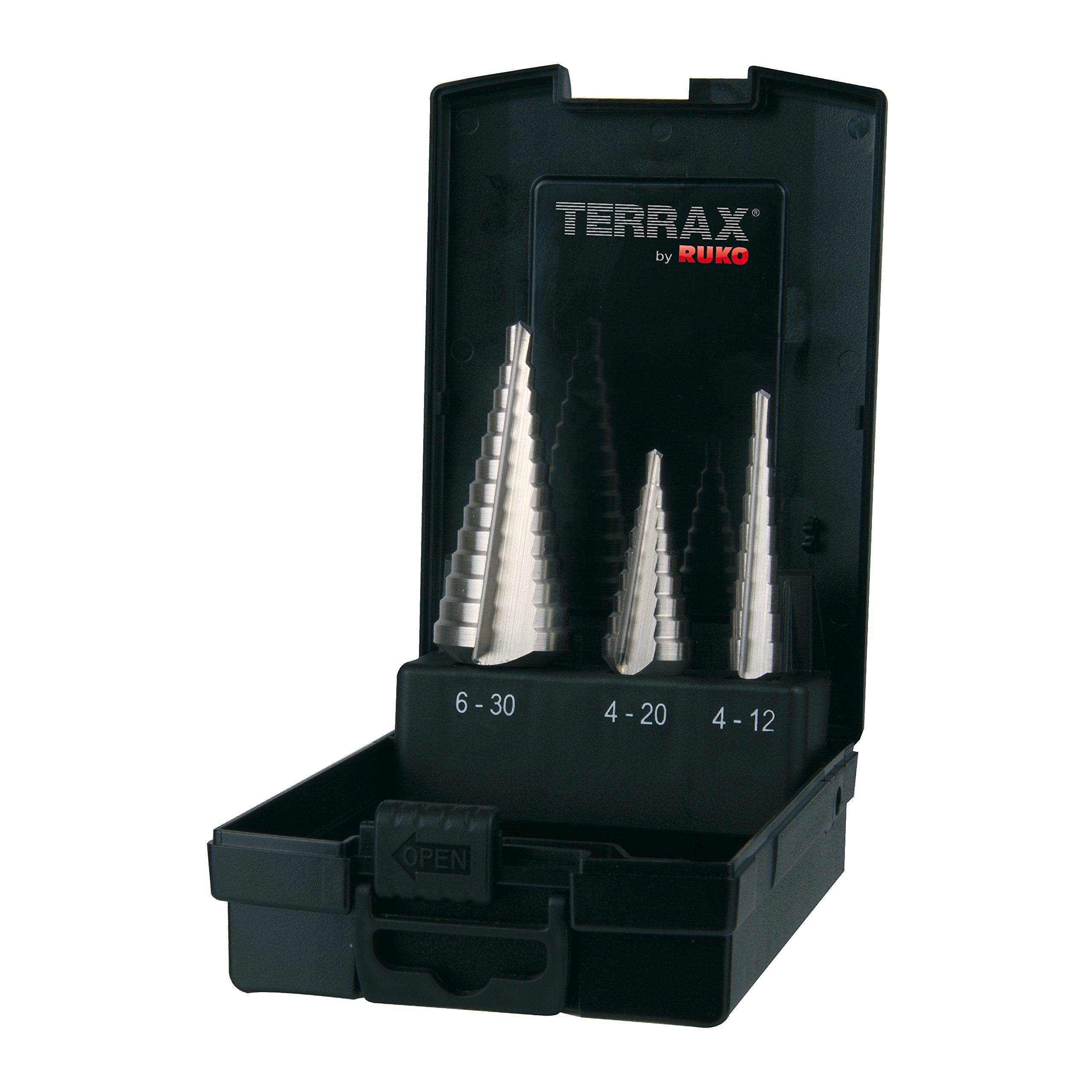 TERRAX by RUKO Zestaw Wierteł Stopniowych HSS – 3 el., Spiralne, Prosto Frezowane, w Plastikowej Kasetce, Precyzyjne Wiercenie w Metalu