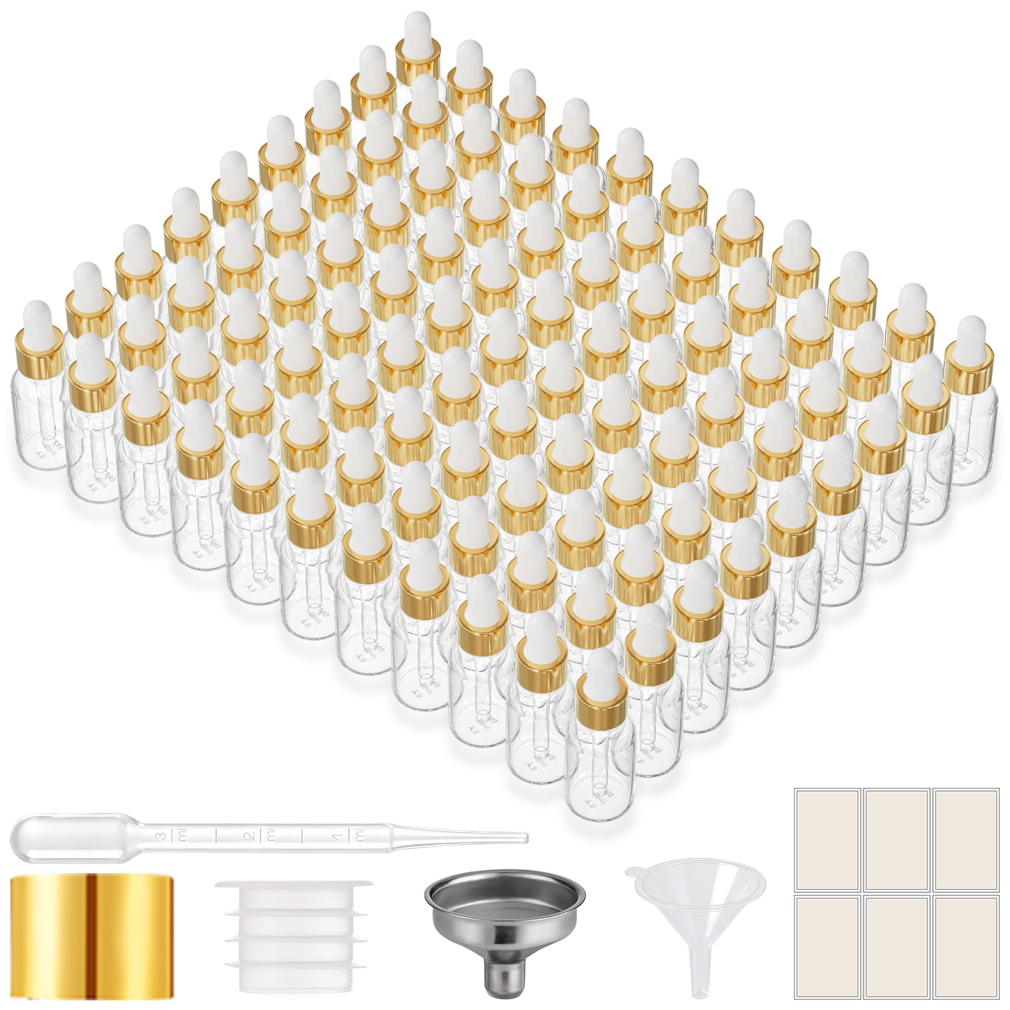 PrettyCare Glass Eye Dropper Bottles 99 Pack, 0.5oz (15ml) Empty Thick Bottles Bulk with Leakproof Golden Caps