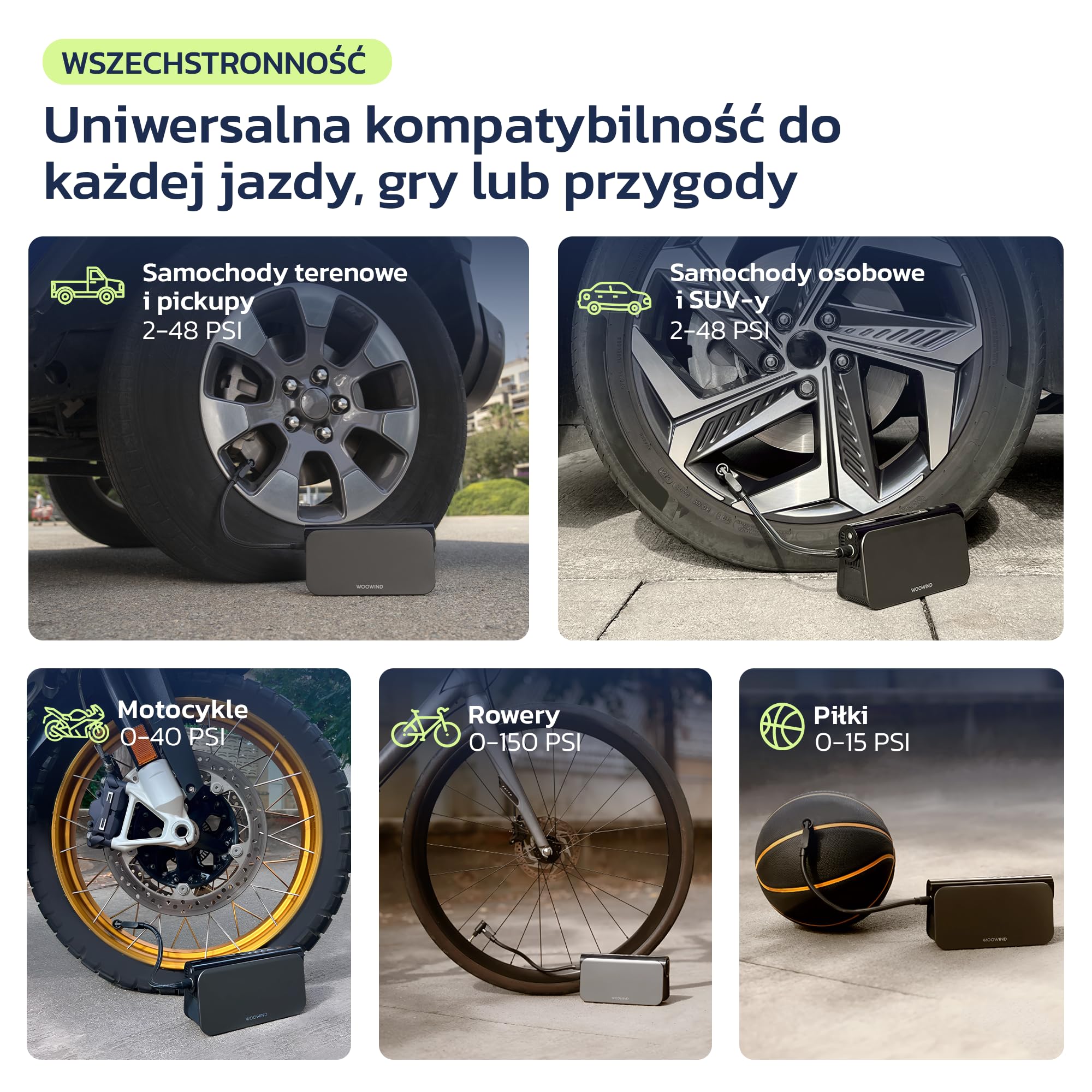 Wooowind Bora Plus 3w1 Przenośny Kompresor do Opon 150PSI | Rozrusznik awaryjny, pompka opon, powerbank, auto wyłączanie, LED, manometr, dysze, 10,3 BAR