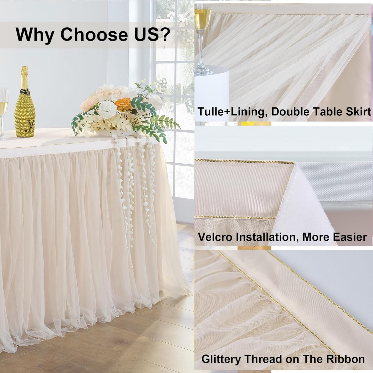 156in Champagne Gold Tulle Table Skirts for Rectangle Tables 8ft 6ft 4ft, 2-Layer Beige Ruffle Tulle Tutu Cloth Table Skirt 13ft for Wedding Party Birthday Baby Shower Cake Dessert(No Table Cover)
