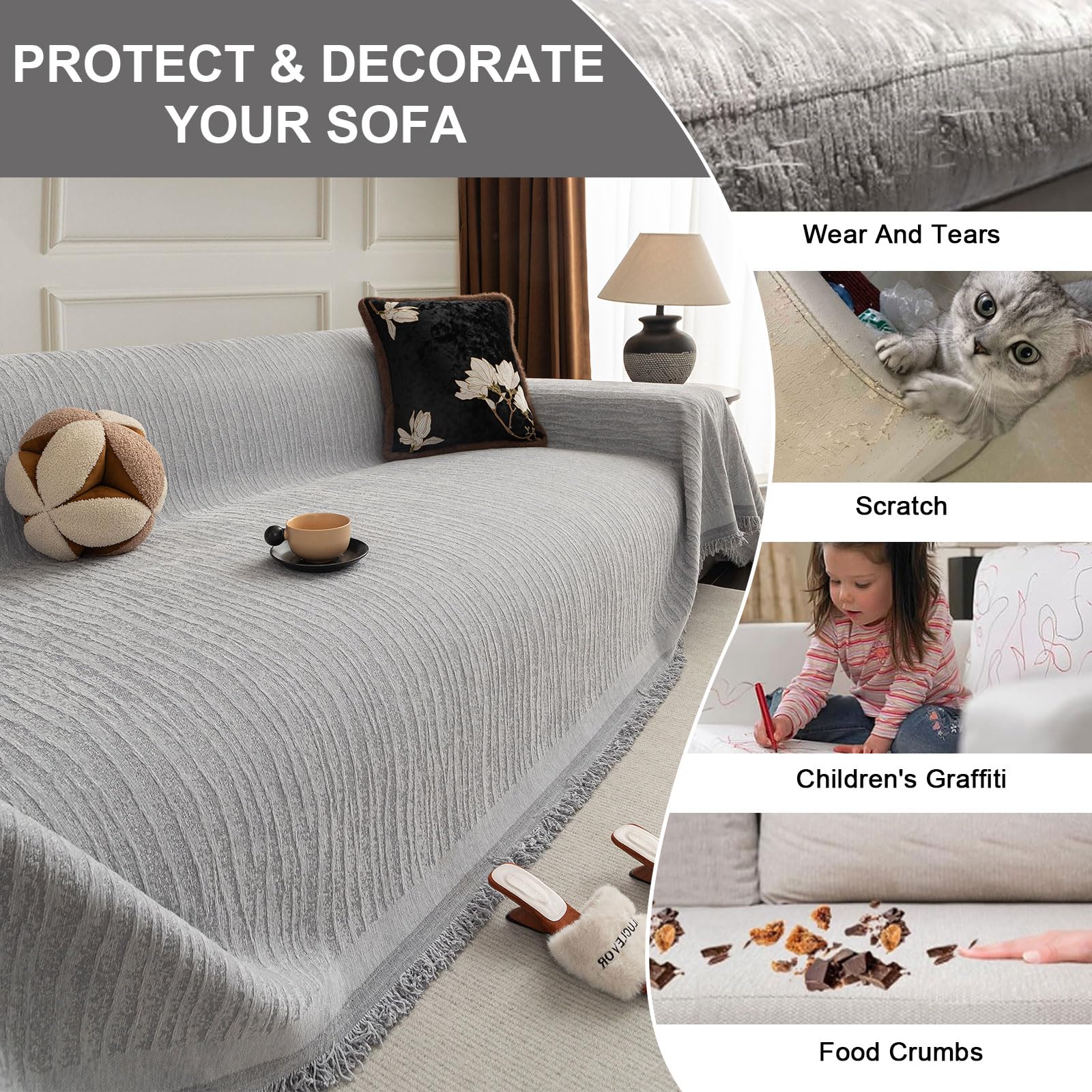 LiveGo Chenille Sofa Cover for 3 Seater, Soft Non-Slip Slipcover with Tassel - Image 4