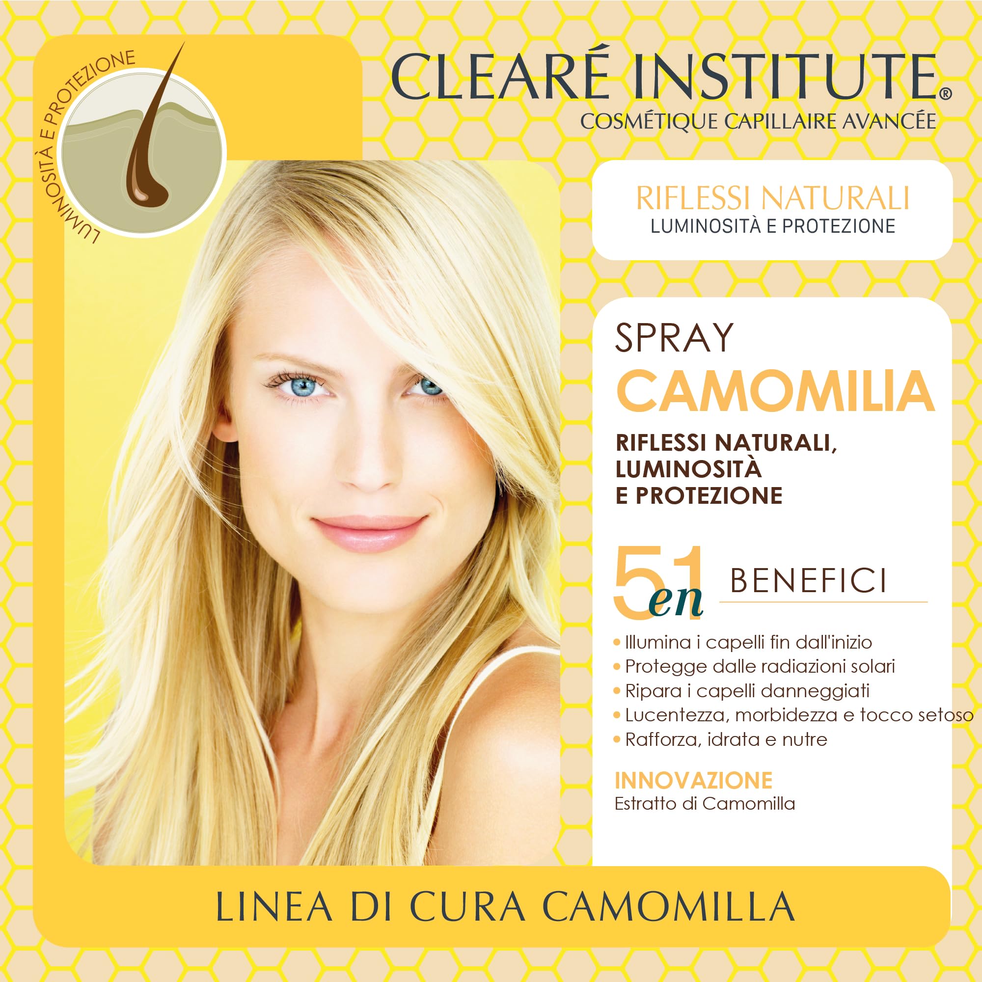 Clearé Institute | Spray Naturale alla Camomilla | Lozione Schiarente per Capelli | Schiarente e Protettore Solare | Riflessi Dorati | Adatto al Metodo Curly | 99% Ingredienti Naturali | 125 ml