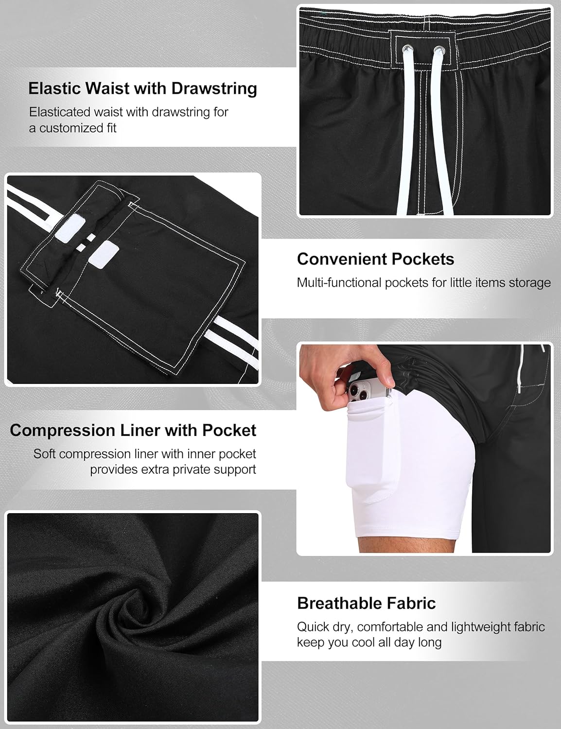 ninovino Men's Swim Trunks with Compression Liner Quick Dry Board Shorts with Drawstring and Side Pockets - Image 6