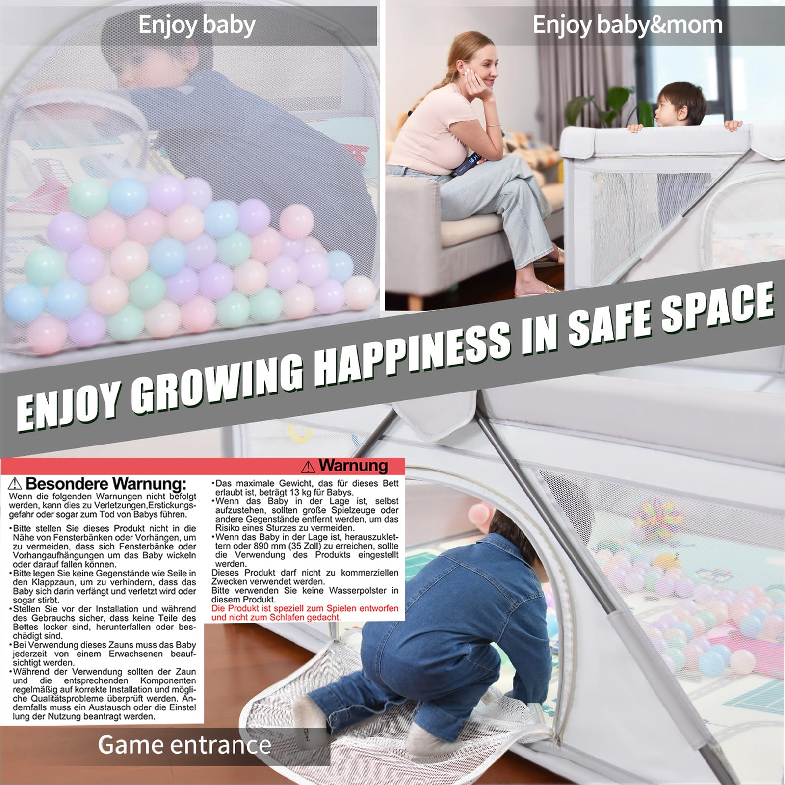 Baby Laufgitter faltbar, Heyo.Ja großer Spielhof, Laufgitter für Babys und Kleinkinder, Spiel Stifte für Babys und Kleinkinder mit Tor, tragbarer Laufstall für drinnen und draußen (120 x 160 x 68 cm)