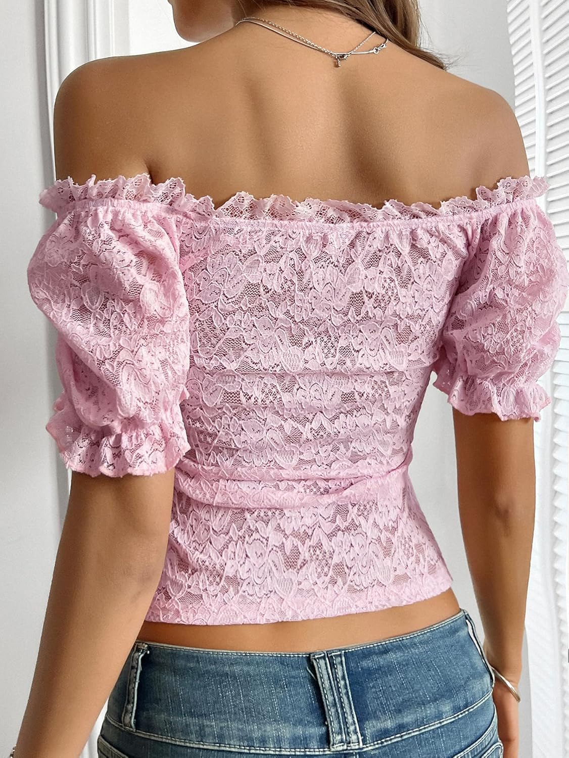 Women's Floral Lace Crop Tops Sexy Off Shoulder Puff Sleeve See Through Summer Shirts Going Out Club Coquette Clothes - Image 4