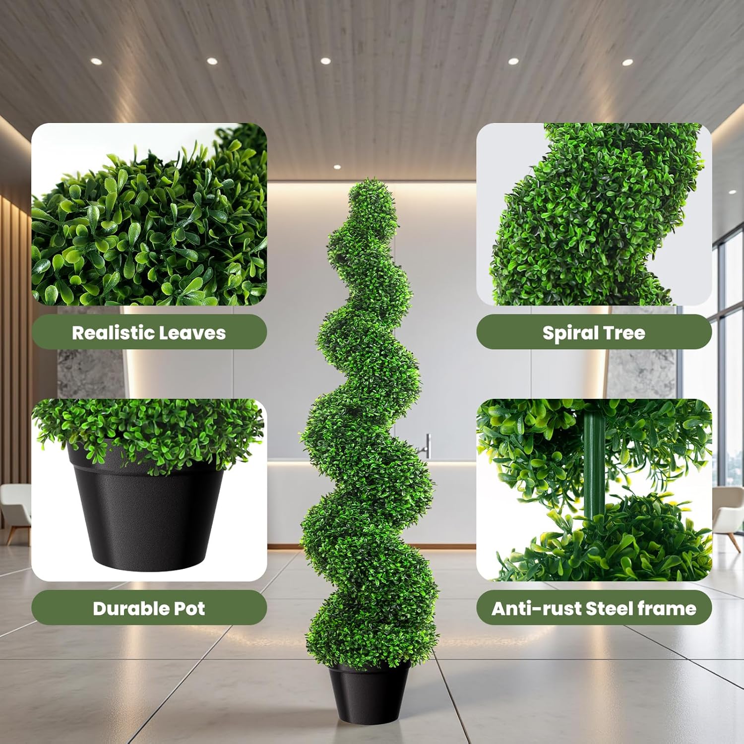4ft Artificial Boxwood Spiral Tree Set (2 Pcs), Faux Tree Boxwood Topiary Plant with Weighted Pot, Fake Twisting Plants for Outdoor Walkway and Indoor Home Decoration