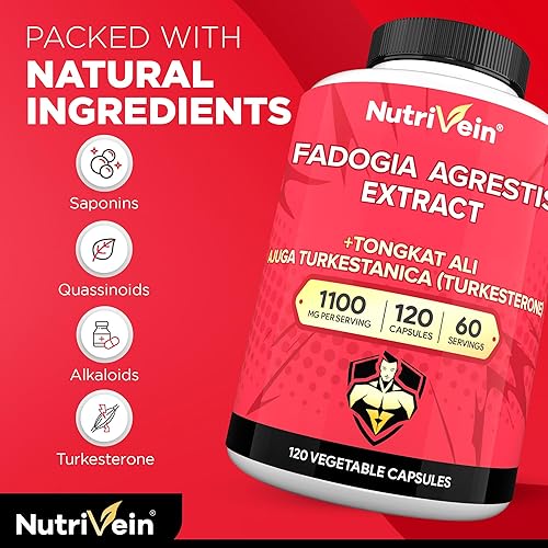 Miniatura 3 de Nutrivein Suplemento prémium Fadogia Agrestis y Tongkat Ali con turkesterona - 1100 mg - 120 cápsulas - Mezcla sinérgica para rendimiento, fuerza y