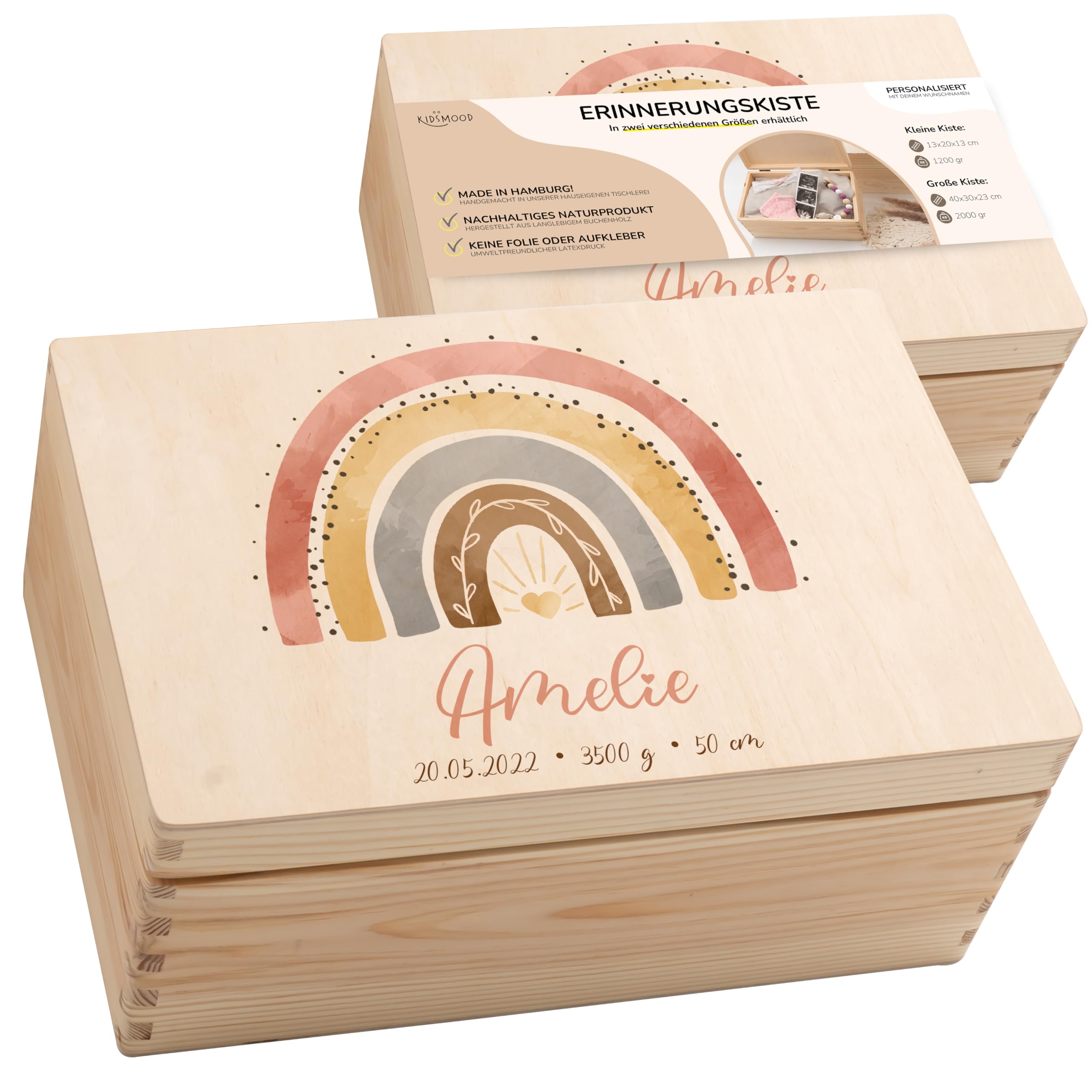KIDSMOOD - Erinnerungsbox Baby, personalisierte Holzkiste mit Deckel, Ideal zur Aufbewahrung von Erinnerungen und als Geschenk zur Geburt, Taufe oder als Geburtstagsgeschenk für Mädchen und Jungen