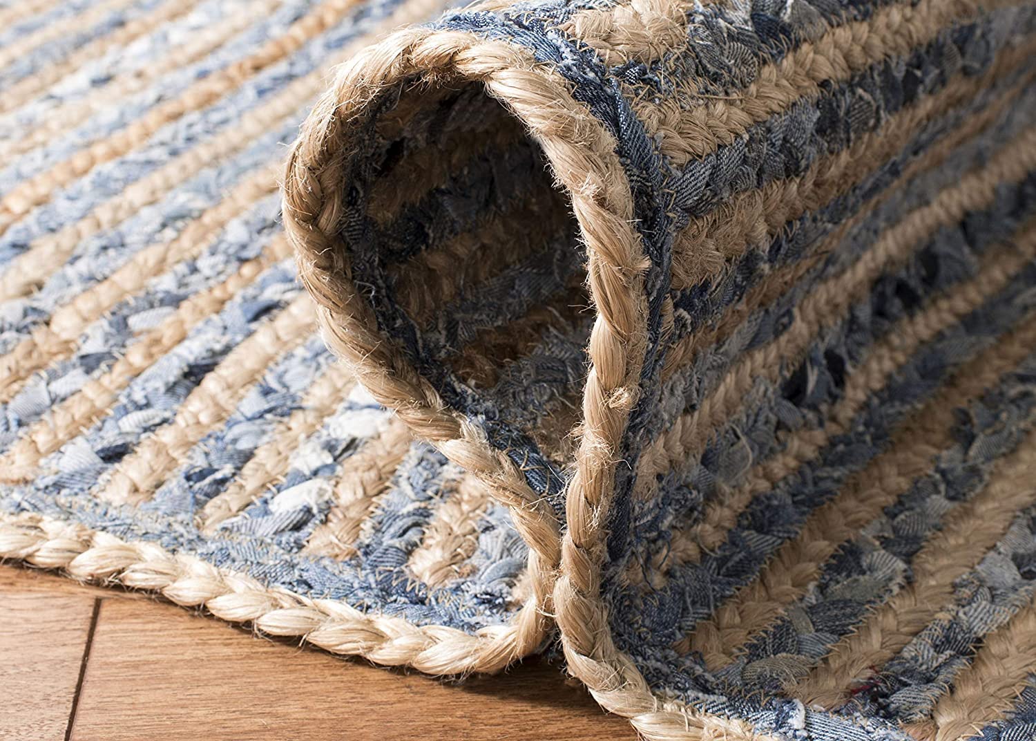 Ripaz - Stuoia Tappeto Rettangolare in Juta con Tessuto in Denim Intrecciato a Mano, 150 x 210 cm