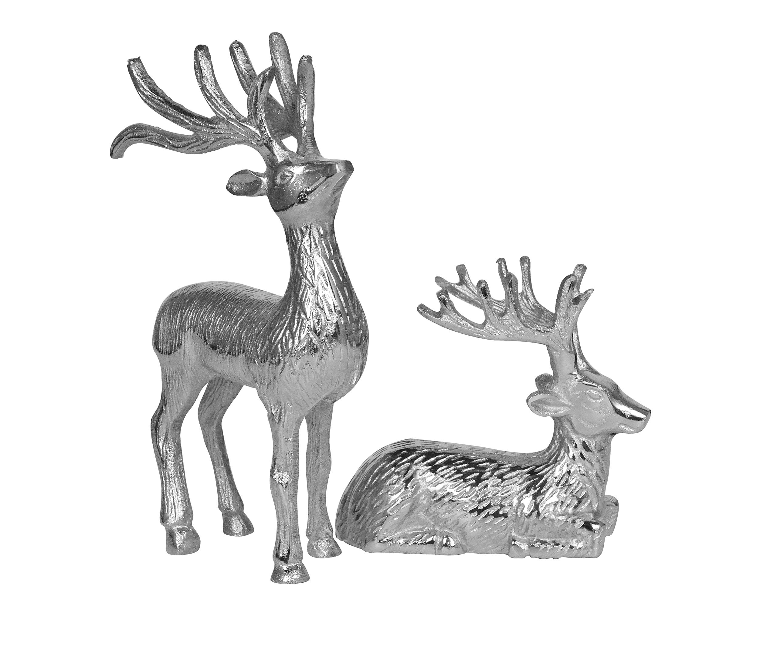 MichaelNoll Hirsch 2er Set - Stehend & Liegend - Rentier Aluminium Metall Silber - Figur Statue Dekofigur - Deko für Wohnzimmer, Küche, Schlafzimmer - Weihnachten Winter - Hirschgeweih Dekoration