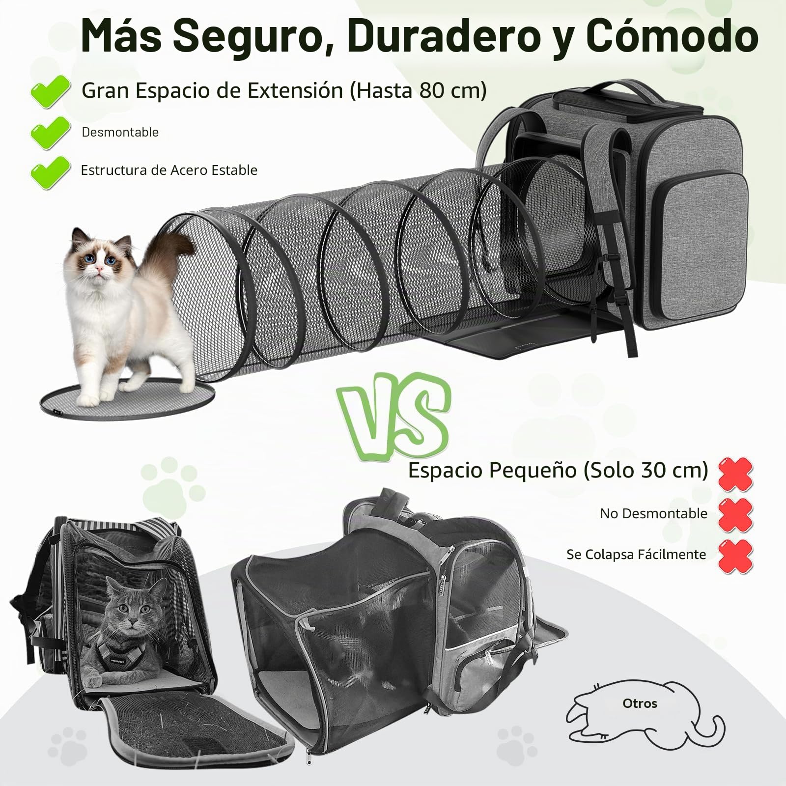 Pawtners Mochilas transportadoras para Gatos con túnel de Juego expandible para Gatos, Mochila para Mascotas aprobada por aerolíneas para Perros pequeños y Gatos Grandes de hasta 25 Libras,