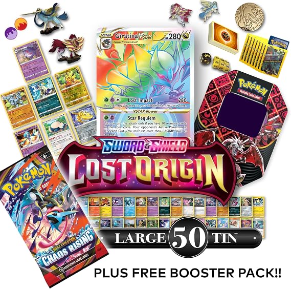 Collectors Pokemon Sword&Shield Mega Tin + FREE BOOSTER PACK! w/ 50 Pokemon cards incl. 10x Holos | 1x Ultra Rare Sword&Shield Card | Collectors pins + figures! | 50x Sleeves, + more | Poke Bruvs