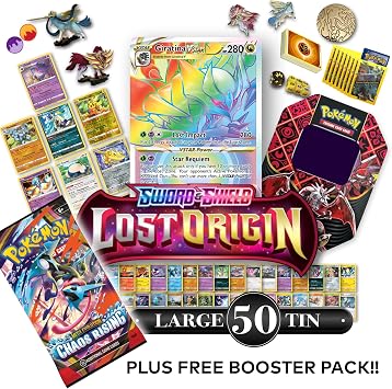 Collectors Pokemon Sword&Shield Mega Tin + FREE BOOSTER PACK! w/ 50 Pokemon cards incl. 10x Holos | 1x Ultra Rare Sword&Shield Card | Collectors pins + figures! | 50x Sleeves, + more | Poke Bruvs