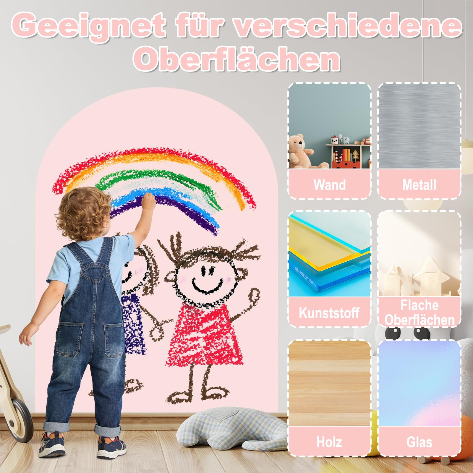Magnettafel Kinder, Magnetwand Groß 80x100cm, Montessori Magnetwand Kinder mit Kreiden, Abwischbare Tafel, Magnettafel Selbstklebend für Kinderzimmer Deko, Schule, Büro (Hellrosa)