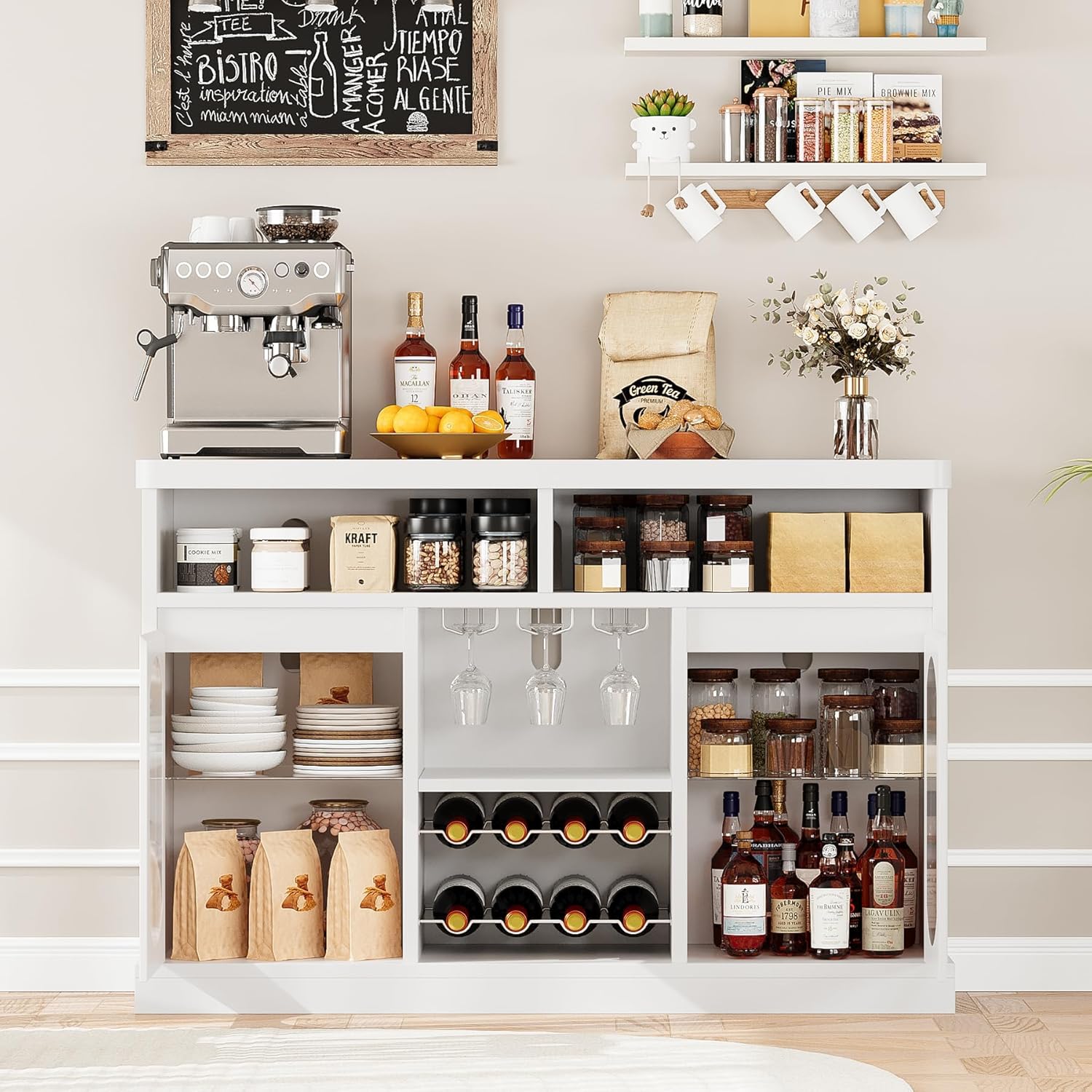 GarveeHome Modern Coffee Cabinet with Led Lights, White Bar Cabinet with 2 Glass Doors, Coffee Bar Cabinet with Adjustable Shelves, Wine Cabinet with Wine Racks for Kitchen, Dining Room, Living Room