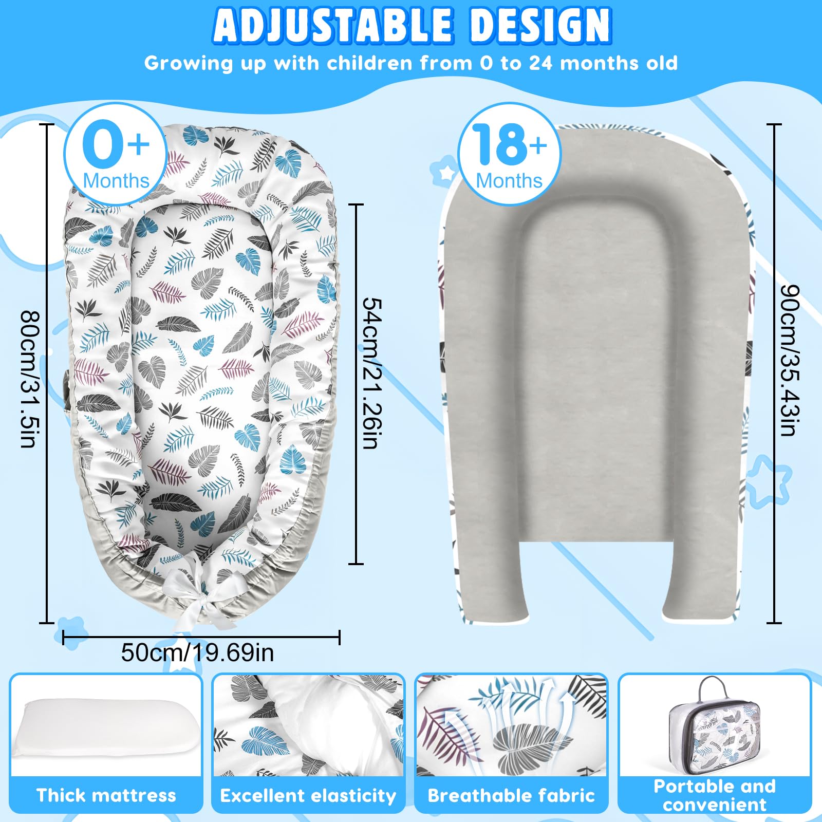 Reducteur de Lit Bebe, Lit Bébé Nouveau-Né 90x50 cm, Doux et Confortable, 100% Coton, Couffin Réversible, Portable avec Poignée de Transport, pour Filles et Garçons de 0 à 24 Mois