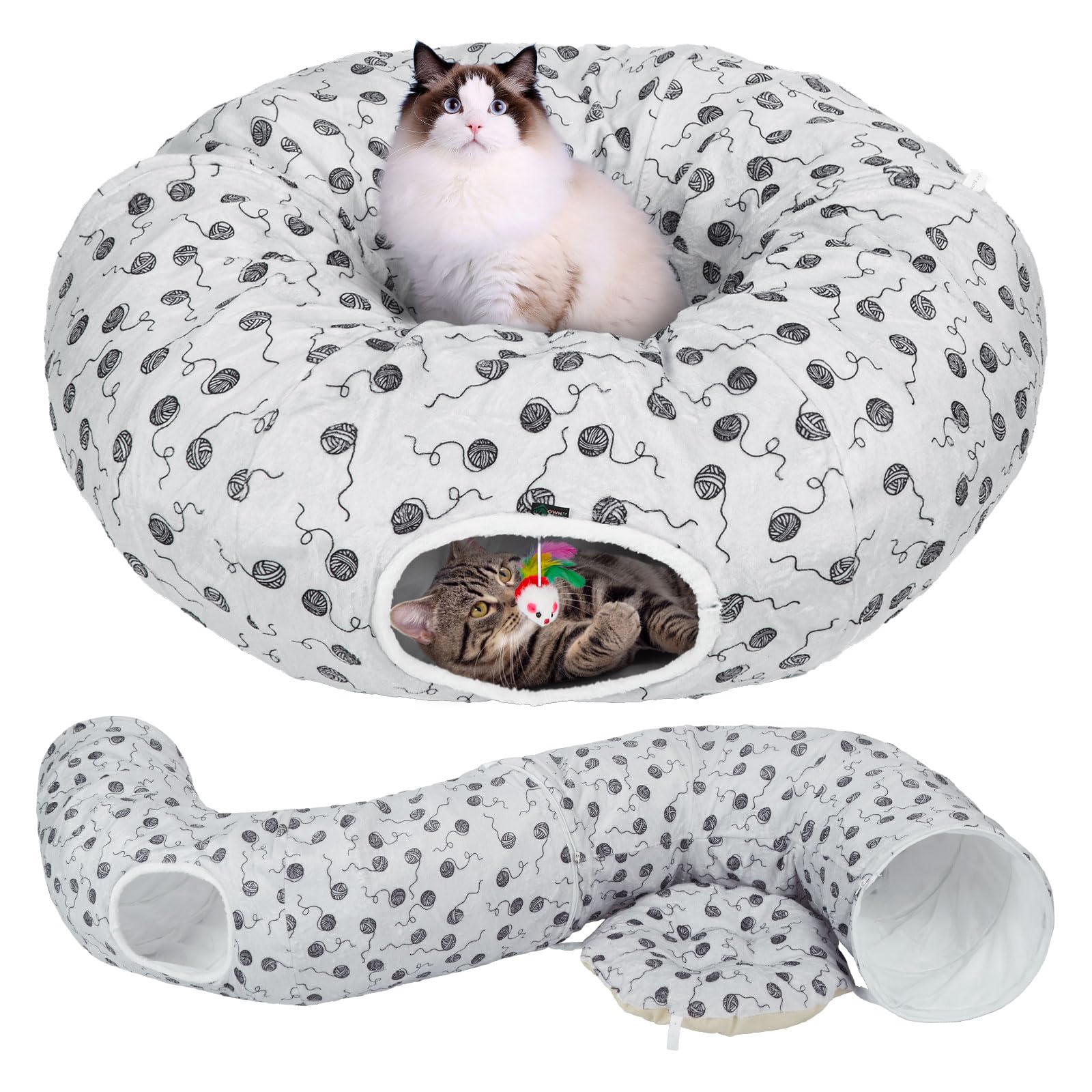 Ownpets Large Cat Tunnel, Soft Plush Cat Donut Tunnel Bed with Washable Cushion, Peekaboo Cat Tube for Indoor Kitten, Puppy, Rabbit, Gray