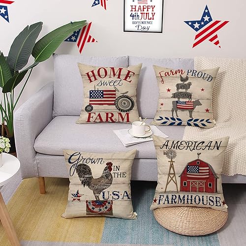 Miniatura 6 de Juego de 4 fundas de almohada decorativas con bandera estadounidense del 4 de julio, 18 x 18 pulgadas, diseño patriótico de Estados Unidos, granja