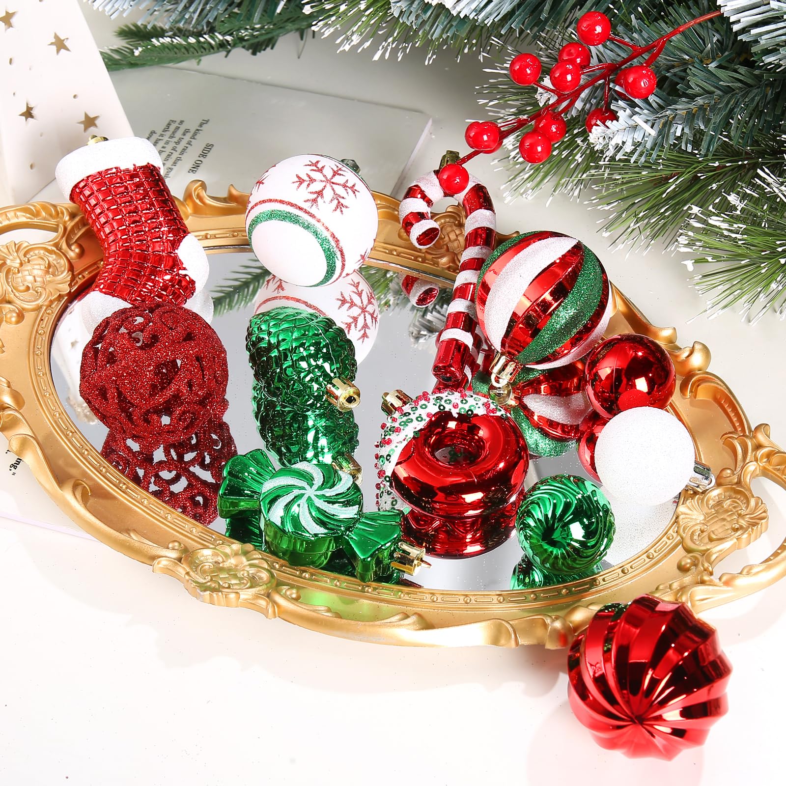 Juego de 125 adornos de Navidad, decoración de árbol de Navidad rojo y verde, bolas colgantes decorativas inastillables para fiestas de Navidad, decoración del hogar