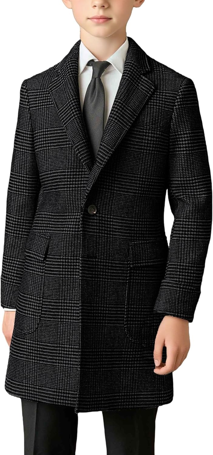 Boys' Tweed Trench Coat Plaid Long Jacket Formal Casual Peacoat Fall Winter Warm Overcoat