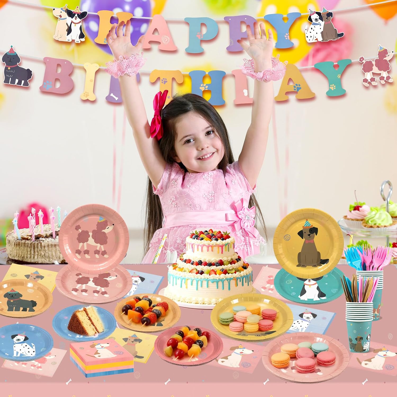 182Pcs Pet Dog Birthday Party Decorations,Retro Puppy Themed Paper Plates Napkins Disposable Pet Dog Tableware Supplies,for Baby Shower Kids Birthday Party Favor,Serve 30 Guests