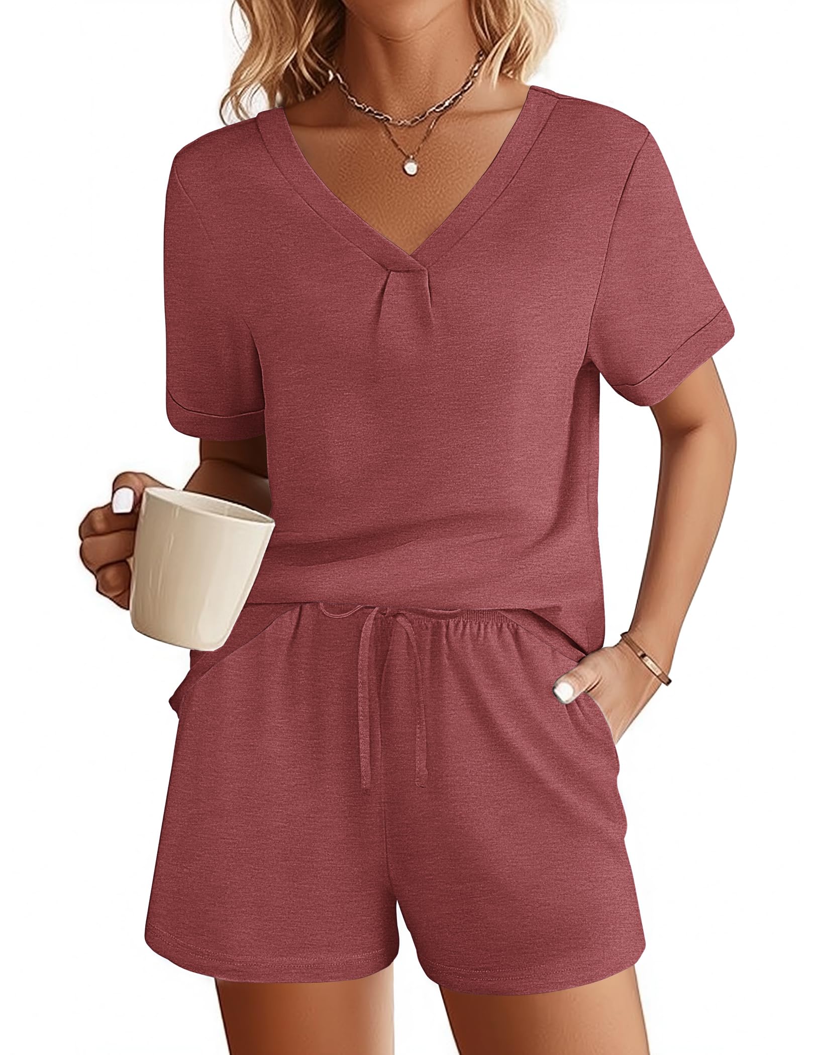 Ekouaer Women's Short Pyjama Set, Two-Piece Leisure Suit, Summer V-Neck Pyjamas for Women, PJS with Pocket