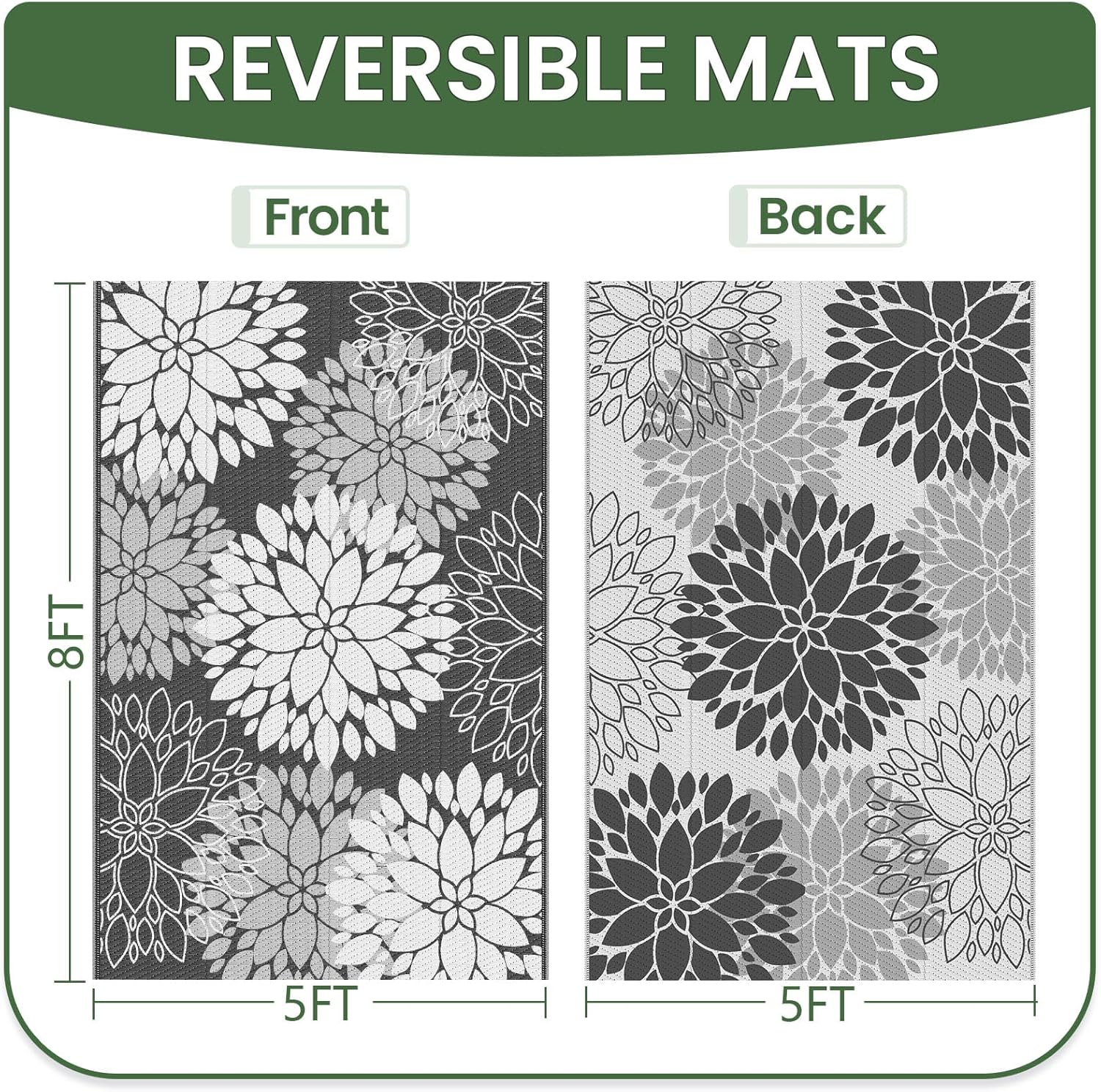 LuxStep Outdoor Rug Waterproof Outdoor Plastic Straw Rug Reversible Patio Rug Mat Outdoor Decor Large Area Mats for RV, Picnic, Backyard, Deck, Balcony, Porch, Beach, Camping, 5'x 8',Grey